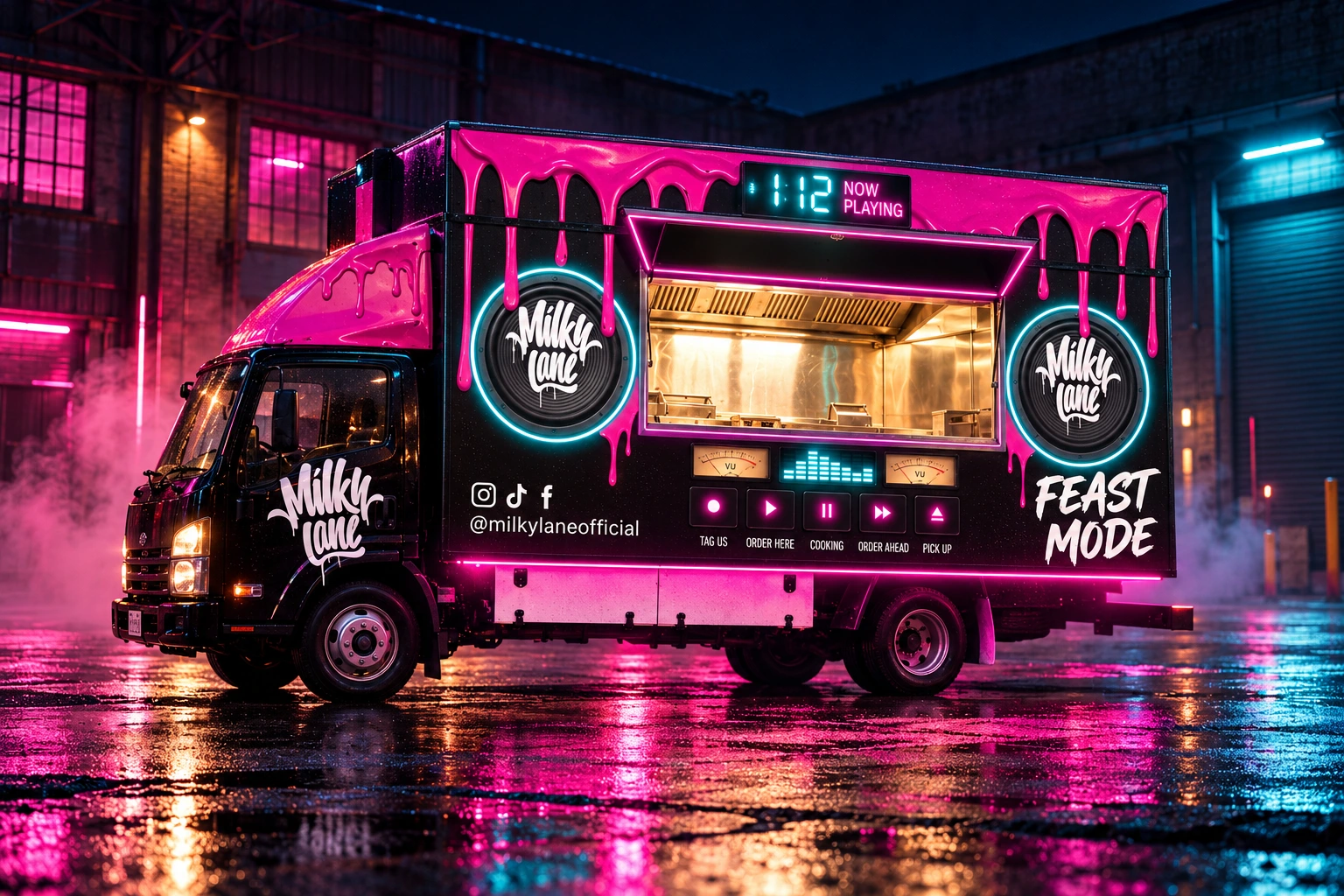 AI campaign concept of the black Milky Lane boombox truck in a neon-lit warehouse forecourt