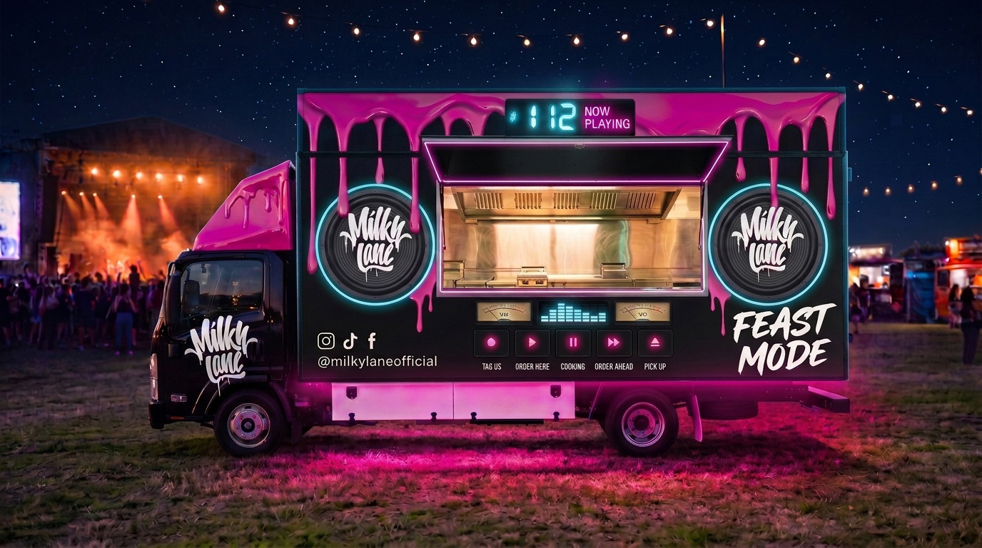 Proposed Milky Lane boombox truck design with cyan speaker rings and pink lighting