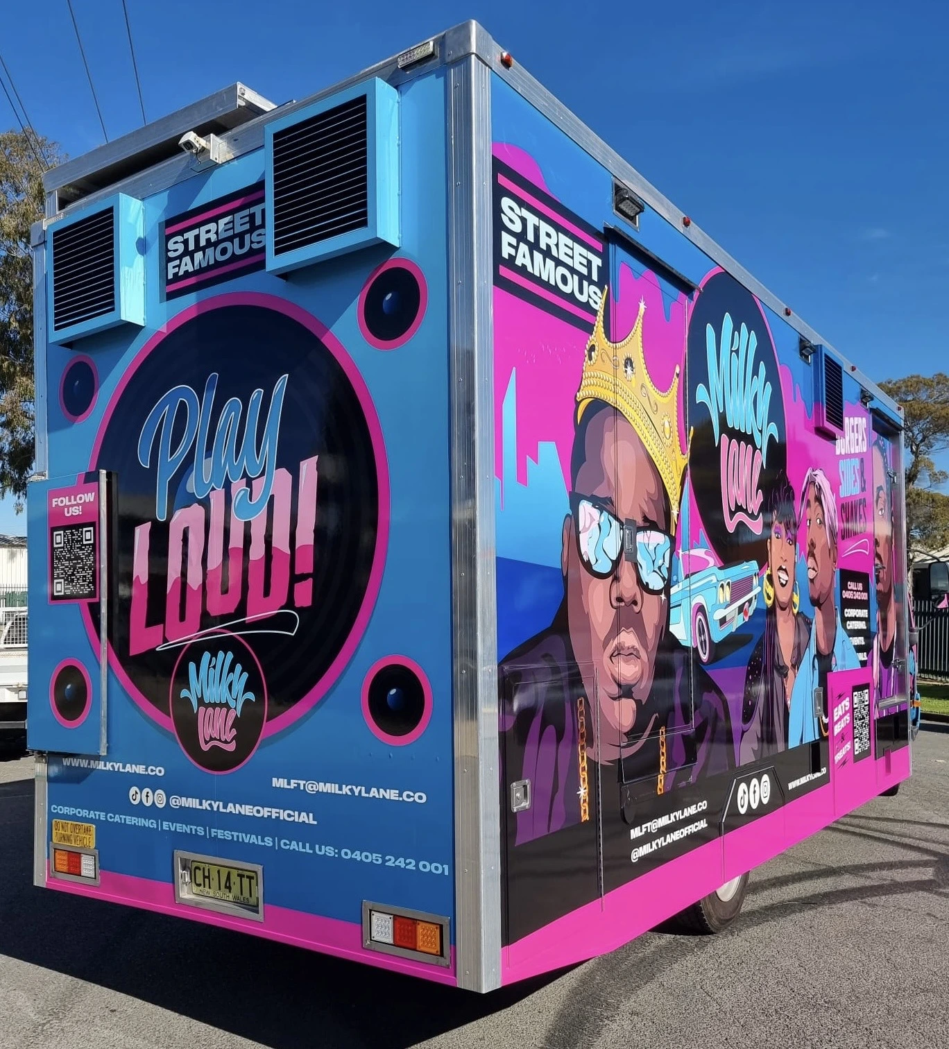 Play It Loud artwork on rear of Milky Lane truck